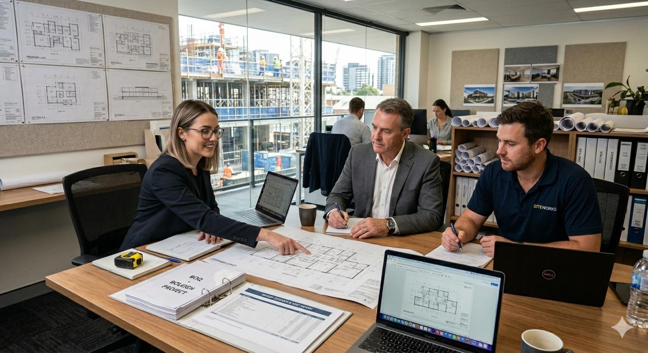 Consultation team members reviewing project plans in an office